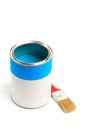 Can with blue paint with brush  isolated on white background Royalty Free Stock Photo