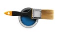 Can of blue paint and brush on white, top view Royalty Free Stock Photo