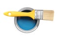 Can of blue paint and brush on white, top view Royalty Free Stock Photo