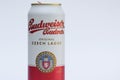 A can of Budweiser beer on a light background. Royalty Free Stock Photo