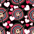 Can can dancers with skirt and legs up, white and pink hearts on black background. Vintage retro cabaret pattern. Royalty Free Stock Photo