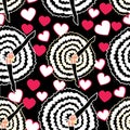 Can can dancers with skirt and legs up, white and pink hearts on black background. Vintage retro cabaret pattern. Royalty Free Stock Photo