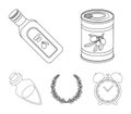 A can of canned olives, a bottle of oil with a sticker, an olive wreath, a glass jar with a cork. Olives set collection