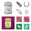 A can of canned olives, a bottle of oil with a sticker, an olive wreath, a glass jar with a cork. Olives set collection