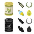 A can of canned olives, a bottle of oil with a sticker, an olive wreath, a glass jar with a cork. Olives set collection