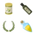 A can of canned olives, a bottle of oil with a sticker, an olive wreath, a glass jar with a cork. Olives set collection