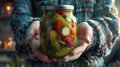 a can of canned vegetables in hands. selective focus.