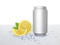 Can of cold beverage, ice cubea and pieces of juicy lime.Summer refreshing drink