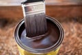 Can of dark brown wood stain and paint brush