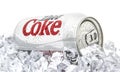 Can of Diet Coca-Cola on a bed of ice over a white background Royalty Free Stock Photo