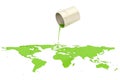 Can with green paint spilled on the map Earth, 3D rendering Royalty Free Stock Photo