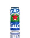 Can of Heineken 0.0 Alcohol Free Beer isolated on white background, produced by the Dutch brewing company Heineken International.