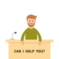 Can I help you. Men male people consultant. Reception service stand. Table Information desk counter microphone. Info support. Cute Royalty Free Stock Photo