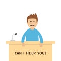 Can I help you. Men male people consultant. Table Information desk counter microphone. Reception service. Info support. Cute carto Royalty Free Stock Photo