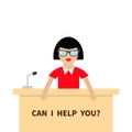 Can I help you. Women female people wearing eyeglasses. Table Information desk counter microphone. Reception service Info support. Royalty Free Stock Photo