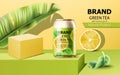 Composition of a can of iced green tea on podium surrounded by mint, lemon slice and tropical leaf. With place for text