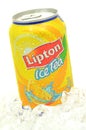 Can of Lipton Ice Tea drink on ice. Royalty Free Stock Photo