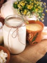 A can of milk and other dairy products on the table. Still life in rural style. Royalty Free Stock Photo