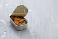 Can of mussels on ceramic background Royalty Free Stock Photo