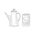 Can Of Olives And Old-school Pitcher Hand Drawn Realistic Sketch