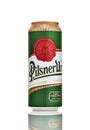 Can of Pilsner Urquell beer isolated on white. Produced since 1842 in Pilsen, Czech Republic.