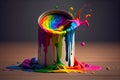 a can of rainbow paint sitting on a table with several different colors spilling out. Royalty Free Stock Photo