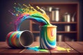 a can of rainbow paint sitting on a table with several different colors spilling out. Royalty Free Stock Photo