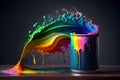 a can of rainbow paint sitting on a table with several different colors spilling out. Royalty Free Stock Photo