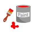 Can of red paint and a brush in the paint, a stain of red paint near a tin of paint. Vector illustration. Repair concept Royalty Free Stock Photo