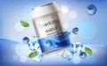 Can of refreshing sparkling water with blueberry taste submerged in water with ice cubes, mint leaves and berries Royalty Free Stock Photo