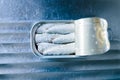 Can of sardines in oil on a over the sink. Top view Royalty Free Stock Photo