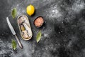 Can of sardines in olive oil, on black dark stone table background, top view flat lay, with copy space for text Royalty Free Stock Photo