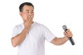 Can`t speak or stop taking concept. Portrait Asian man holding black wireless microphone and close his mouth by hand isolated on Royalty Free Stock Photo