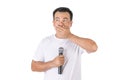 Can`t speak or stop taking concept. Portrait Asian man holding black wireless microphone and close his mouth by hand isolated on Royalty Free Stock Photo