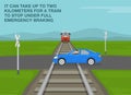 It can take up to two kilometres for a train to stop under full emergency braking. Passing the railway tracks in front of train.