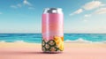 A can of tropical drink sitting on a beach, AI