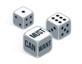 Can want and must vector business concept with rolling dices.