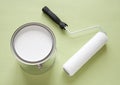 Can of white paint and roller on green background Royalty Free Stock Photo