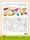 Can you find and color all the musical instruments hidden in picture? Educational page for little children. Logic puzzle game.