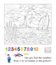 Can you find and color the numbers from 1 to 10 hidden in the picture? Coloring book. Logic puzzle game. Mathematics education for