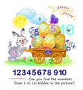 Can you find the numbers from 1 to 10 hidden in the picture? Logic puzzle game. Math education for young children. Developing