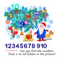 Can you find the numbers from 1 to 10 hidden in the picture? Logic puzzle game. Math education for young children. Developing