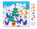 Can you find 10 objects hidden in the picture? Logic puzzle game for children and adults. Illustration of Santa Clauses