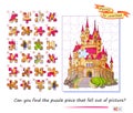 Can you find the puzzle piece that fell out of picture? Logic game for children and adults. Page for kids brain teaser book. Task