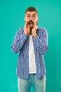 Can you hear him. Man shouting to you. Art of negotiations. Man try to persuade you in something. Hipster charismatic Royalty Free Stock Photo