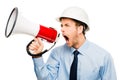 Can you hear me now. a businessman shouting into a megaphone against a studio background. Royalty Free Stock Photo