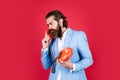 Can you hear me now. serious man with retro phone. brutal bearded man hold vintage telephone. concept of technology in Royalty Free Stock Photo