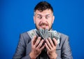Can you imagine that. winning a lottery. businessman after great deal. Finance and commerce. happy bearded man has a lot Royalty Free Stock Photo