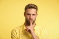 Can you keep secret. Handsome man keep index finger by his lips. Be silent. Secret story concept. Guy confident face Royalty Free Stock Photo