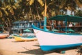 Canacona, Goa, India. Sightseeing Tourist Boats Parked On Famous Palolem Beach In Summer Sunny Day